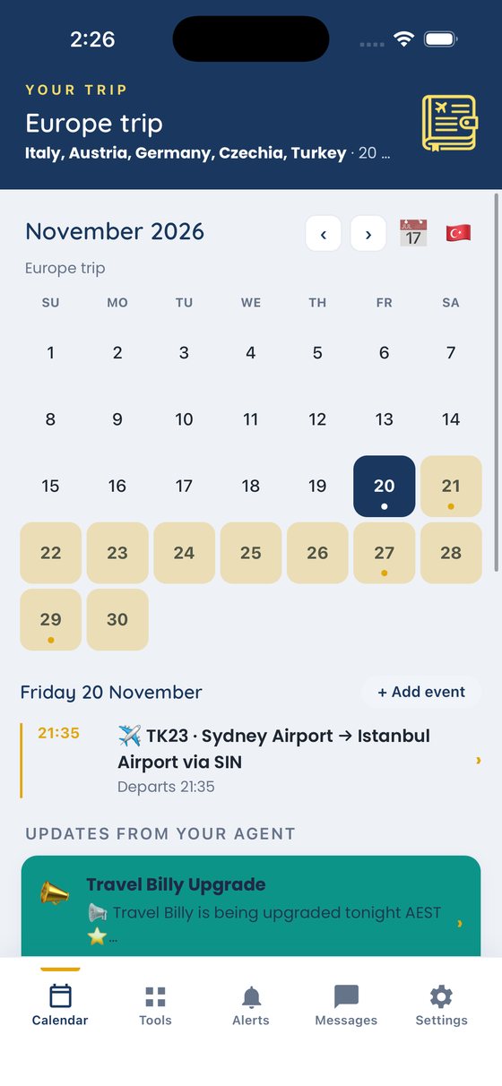 The Travel Billy traveller app showing a trip calendar and the day's flight